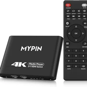 4K@30 Media Player with 2 in 1 Out HDMI Switch Function, 2 Port HDMI Switcher Splitter, Automatic Switch with Remote, Medie Player Supports Image, Music, Video Playback