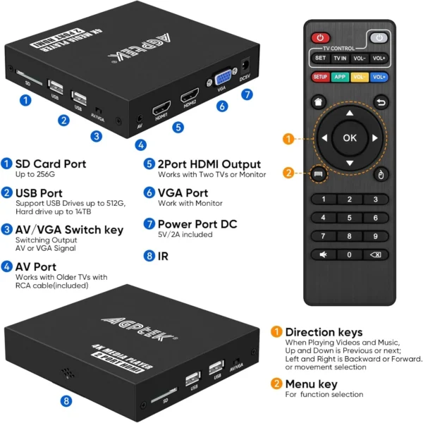 Media Player, 2 HDMI Ports 1080P Full-HD Portable Digital Player, Play Video and Photos with USB Drive/SD Cards/HDD/External Devices, HDMI/AV/VGA Output - Image 3